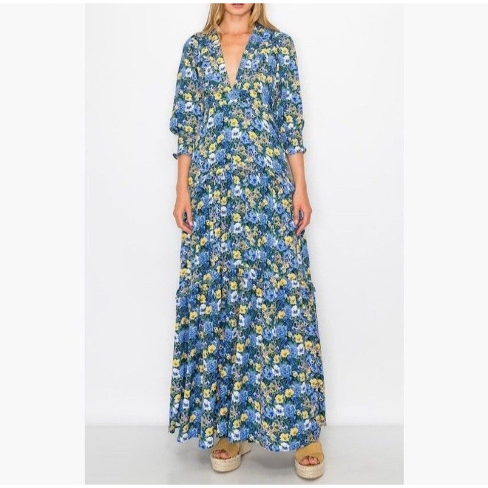 NWOT Code x Mode Blue Floral Prairie Ruffle Maxi Dress Size Small